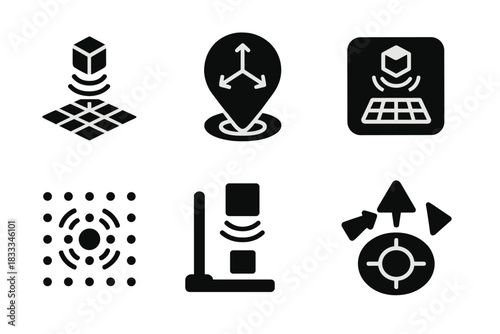 3D Positioning Icons. Solid style icons of 3D positioning via acoustics: XYZ grid with suspended object, sound-based coordinate