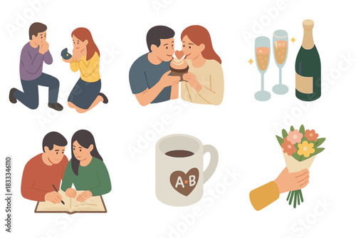Romantic Moments Collection. Isometric vector illustration set of Romantic & Love: engagement surprise scene, shared cupcake