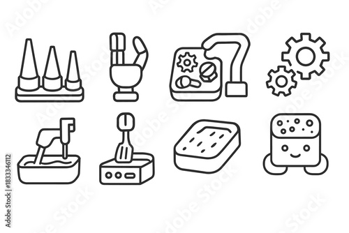 Food Robotics Icons. Line style icons of food robotics accessories: precision nozzle set, interchangeable robot hand, spare parts
