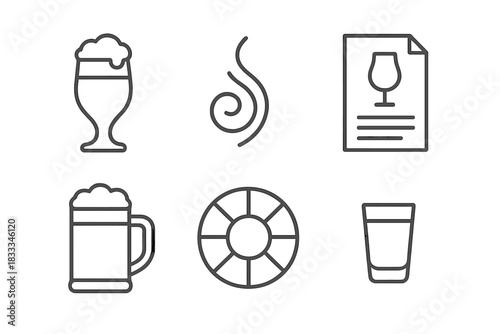 Tasting Experience Icons. Line style icons of tasting experiences: foam-topped tasting glass, aroma swirl icon, tasting notes card