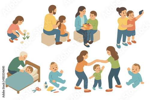 Family Moments Illustration. Isometric vector illustration set of Family: child picking flowers, dad braiding hair, family sharing