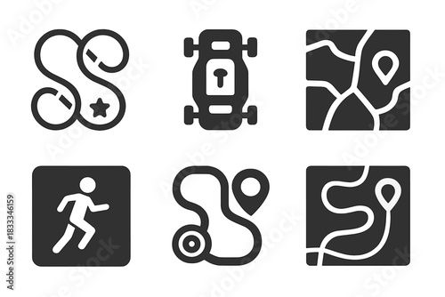 Aerial Stunt Map Icons. Solid style icons of aerial views and maps: stunt path top view, vehicle layout badge, leap zones map slab