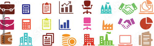 Set of colorful business icons flat vector design elements for finance and management isolated on white background
