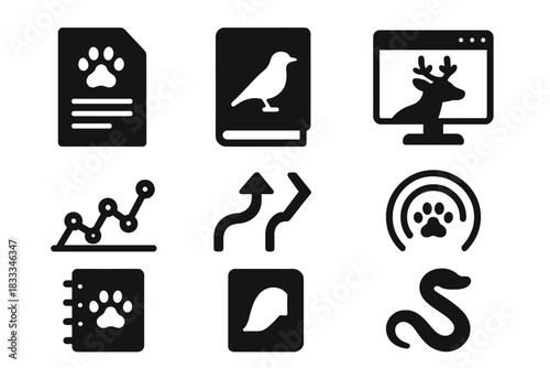 Animal Behavior Logs. Solid style icons of animal magneto-behavior logs: paper with field notes, migration diary icon, digital