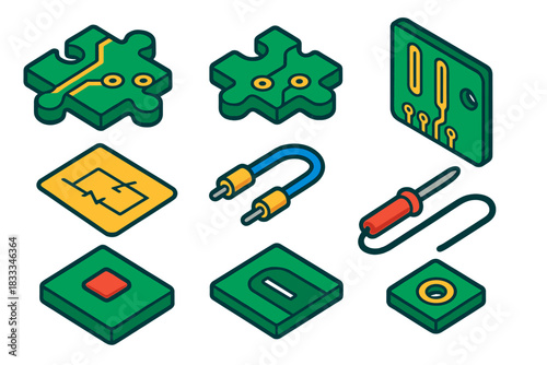 Tech Puzzle Pieces. Isometric vector illustration set Puzzle pieces – circuit board puzzle, PCB piece, solder pad; copper trace,