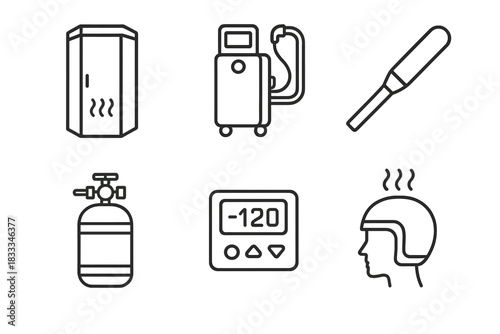 Cryotherapy Device Icons. Line style icons of cryotherapy devices: whole-body cryo chamber, localized cryo machine, handheld cryo