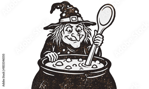 Cute Whimsical Witch Rubber Stamp Stencil, Funny Cauldron Illustration, rubber stamp stencil, cute witch illustration, whimsical witch art, quirky witch design, witch with hat, funny witch face, png, 