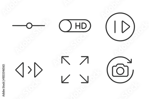 Fashion Show Controls. Line style icons of fashion show controls and settings: volume slider, quality resolution toggle,