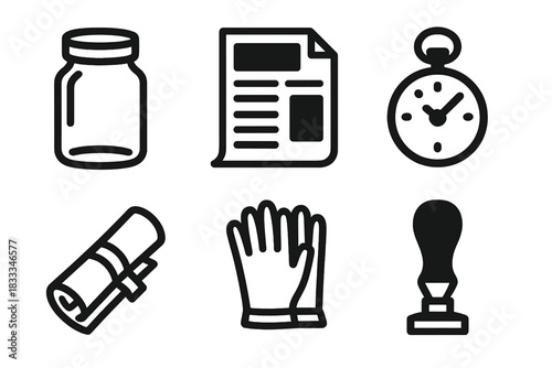 Time Capsule Icons. Line style icons of Time Capsule Curation: glass jar capsule, old newspaper clipping, vintage watch, message