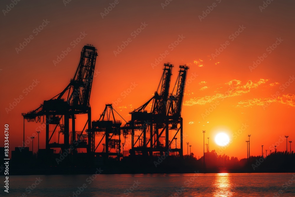 Fototapeta premium Silhouetted Cranes at Sunset in a Tranquil Port Scene