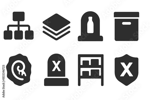 Icons of Extinct Products. Solid style icons of extinct product lines: product family tree icon, retired items in layers, boxed