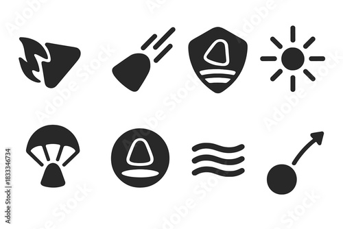 Atmospheric Reentry Icons. Solid style icons of atmospheric reentry icons: thermal shield glyph, friction burn icon, descent badge
