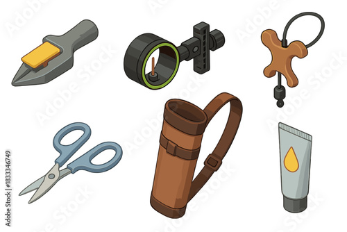 Archery Gear Essentials. Isometric vector illustration set Archery gear: arrow tip sharpener, sight scope with mount, release