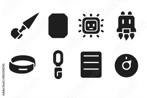 Robot Upgrade Icons. Solid style icons of robot upgrades and loadouts: attachable lance kit, armor plate panel, new AI module