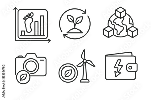 Eco-Friendly NFT Icons. Line style icons of environmental concerns in NFT photography: carbon footprint chart, eco minting process