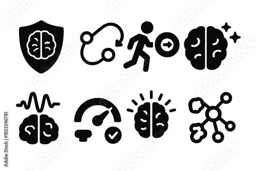 Motivation Icons and Brain. Solid style icons of motivation types and neural drivers: intrinsic/extrinsic brain badge, reward