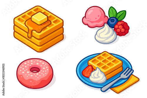 Vibrant Dessert Icons. Isometric vector illustration set Ice cream and desserts – waffle stack, butter pat, maple syrup; powdered