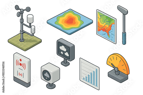 Meteorology Tools Illustration. Isometric vector illustration set of Meteorology tools: mesonet sensor grid, land surface