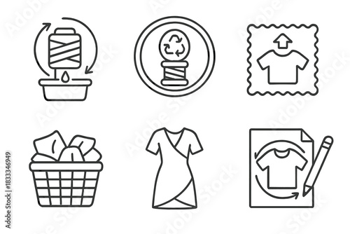 Garment Recycling Icons. Line style icons of garment recycling and upcycling: filament re-extrusion icon, recycled thread badge,