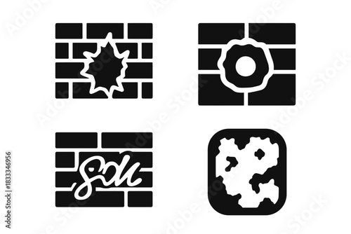 Post-Conflict Wall Icons. Solid style icons of post-conflict wall studies: war-torn wall icon, shell hole ring, faded writing