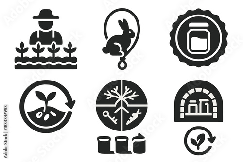 Survival Strategy Icons. Solid style icons of long-term survival strategies: farming glyph, animal snare icon, preservation badge.