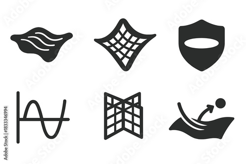 Brane Cosmology Icons. Solid style icons of brane cosmology education: vibrating sheet glyph, 3D string surface icon, membrane