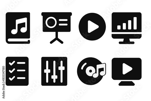Lecture Playlist Icons. Solid style icons of lecture playlist curation: music note with book glyph, topic track icon, list badge.