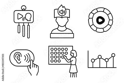 Memory Sound Icons. Line style icons of memory-based sound installations: recorded memory chime, audio diary sculpture, playback
