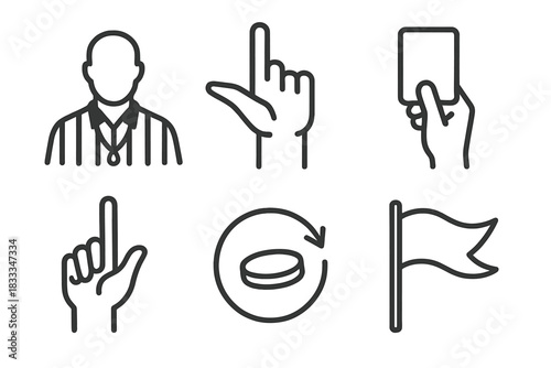 Referee Icons Collection. Line style icons of referee and signals: underwater hand signal, time-out gesture, foul warning card,