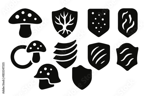 Avant-Garde Fungal Armor Icons. Solid style icons of avant-garde fungal armor: cap shield icon, root armor badge, spore guard