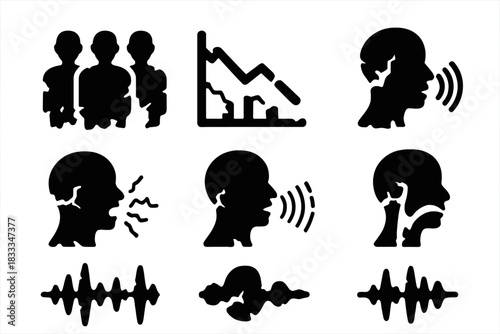 Vocal Acoustics Ruins. Solid style icons of vocal acoustics in ruins: chanting silhouettes, vocal decay graphs, throat singing