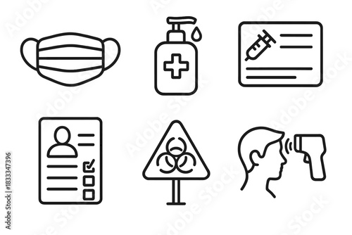 Pandemic Preparedness Icons. Line style icons of pandemic preparedness: face mask icon, sanitizer bottle, vaccination record card,