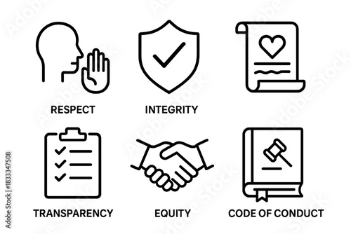 Field Ethics Icons. Line style icons of field school ethics and values: respect icon, integrity badge, do no harm scroll,