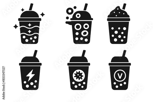 Innovative Bubble Tea Icons. Solid style icons of experimental bubble tea recipes: glowing tea layers, unusual pearl shapes,