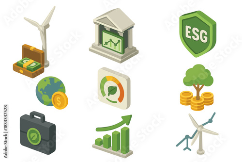 Ethical Investment Symbols. Isometric vector illustration set of Ethical investing: wind farm investment, ethical stock exchange,