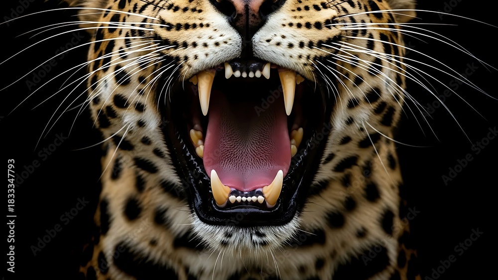 Obraz premium Fierce Leopard Roaring with Sharp Teeth on Black Background.