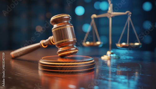 Digital gavel strikes virtual bankruptcy papers. Futuristic tech court scene features scales of justice. Concept online law digital justice, cyber enforcement system. Modern abstract illustration.