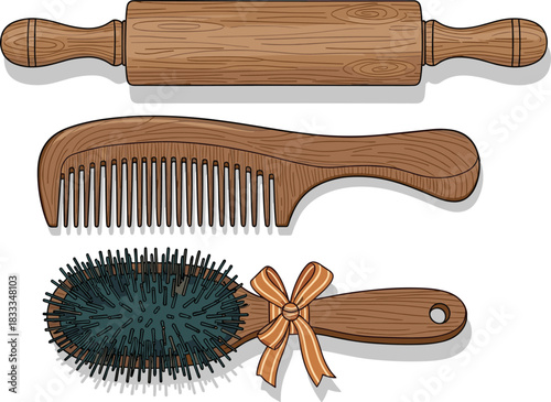 Collection of wooden household items illustration, baker's rolling pin, wide-tooth comb, and oval hairbrush with bow, kitchen, hair care, grooming, and natural wood texture.