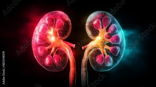 Vibrant digital visualization of human kidneys showcasing futuristic design elements