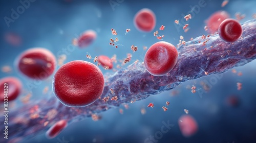 Detailed view of red blood cells and antibodies in circulation with a blurred background