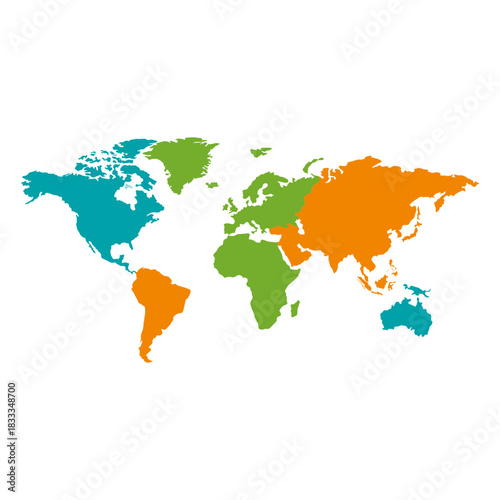 Different colored continental world map
