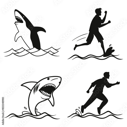 Dramatic water chase with sharks and sprinting silhouettes in panels