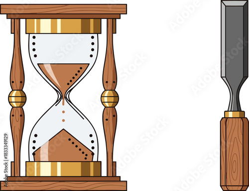 Here is a title and a comprehensive list of keywords for your photo, which features an hourglass and a chisel, formatted for Adobe Stock and optimized for SEO.