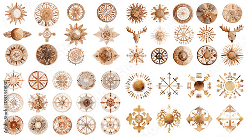 Set of wooden sun symbols and carved circular emblems featuring rustic rays, geometric shapes, animal motifs, and folk inspired decorative patterns in natural warm tones.