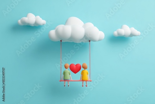 Couple swinging on cloud with heart, celebrating romance