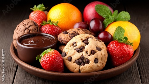 Chocolate Chip Cookies and Fresh Fruits Platter with Dipping Chocolate – Dessert and Snack Arrangement 
