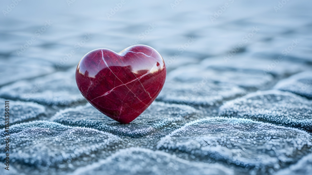 Fototapeta premium A single glossy red heart shaped object rests on a textured surface covered in frost and ice