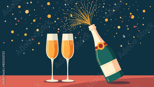 Champagne bottle popping new year's eve celebration with sparkling cork burst concept of festive joy