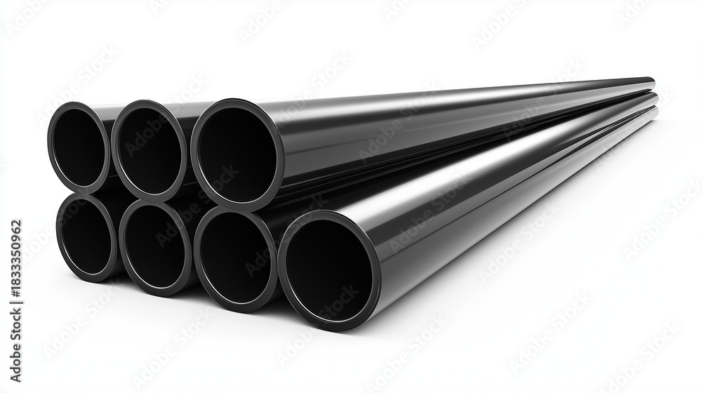 Fototapeta premium Black steel pipes isolated on white background, industrial geometric composition with minimalist structural design aesthetic for engineering and construction concepts.