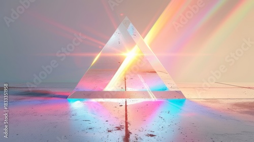 A glass prism refracting a beam of light into a colorful rainbow spectrum. Abstract physics concept of light dispersion and reflection. Modern futuristic background with lens flare